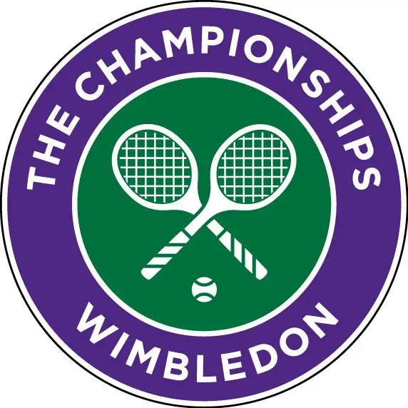 The traditional Wimbledon logo, two white tennis rackets crossing with a white tennis ball underneath on a green background